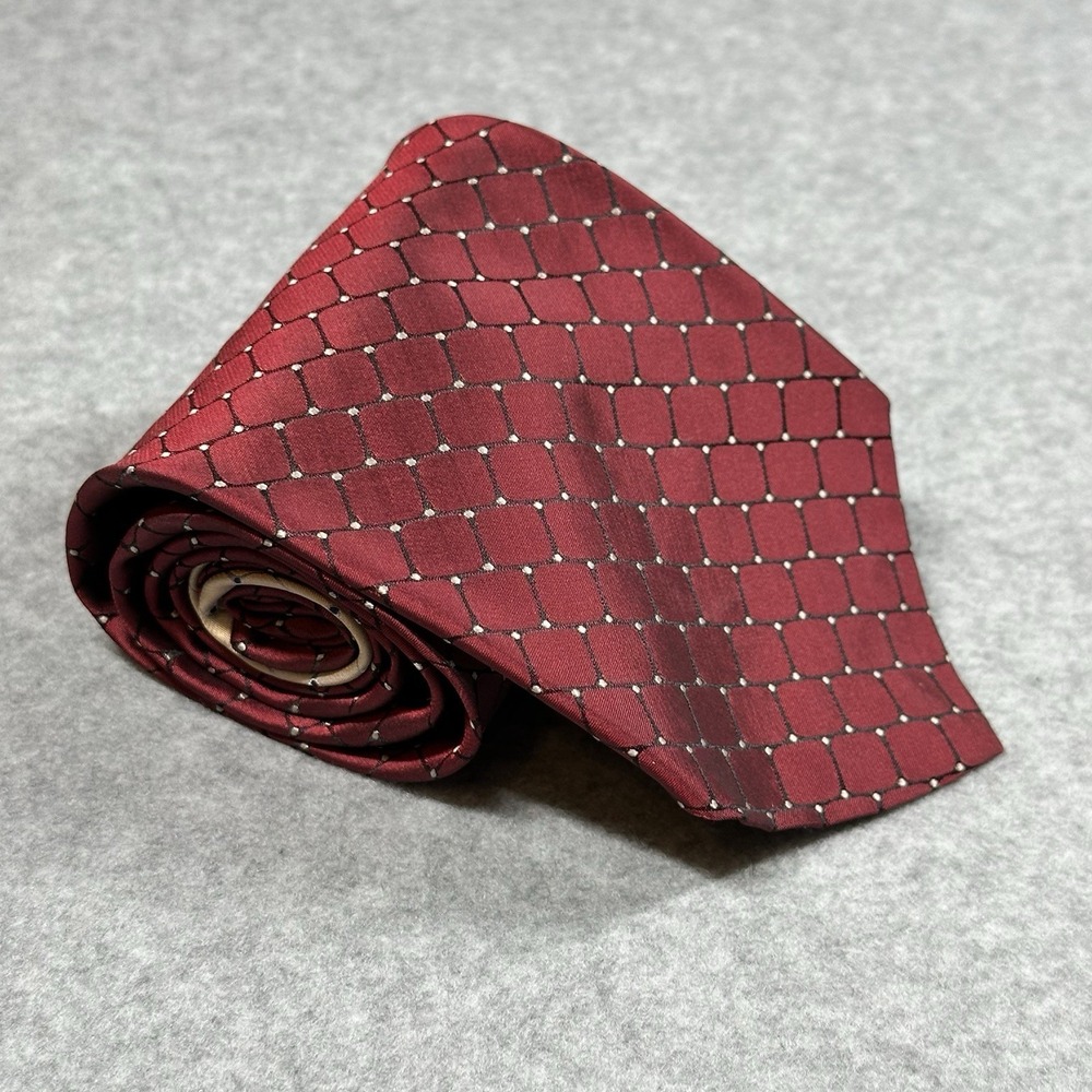 Vintage Tommy Hilfiger Red Geometric Grid Silk Tie Classic Mens‎ USA